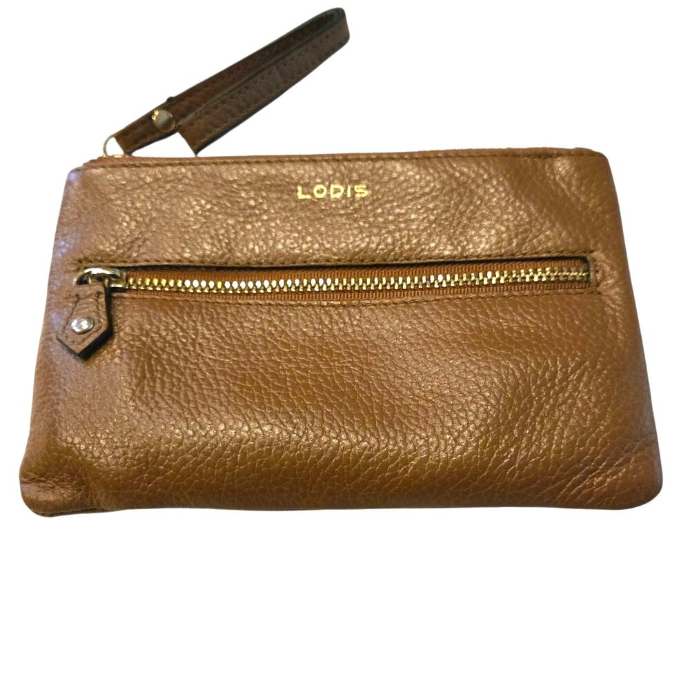Lodis Soft Brown Pebbled Leather Zipper Wristlet Bag Lined Exterior Pocket 6.5x4